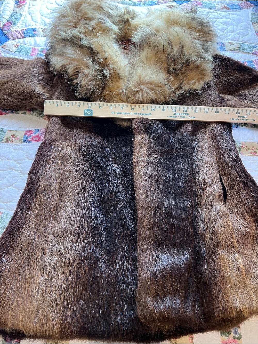 VTG Genuine Fur Statement Jacket Contrast Fluffy Collar Brown Satin Lining - Picture 11 of 16
